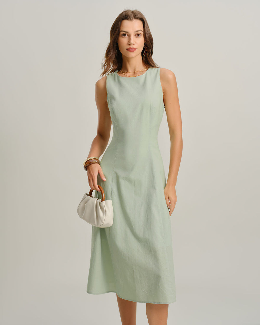 Green Round Neck Sleeveless Midi Dress | Rihoas