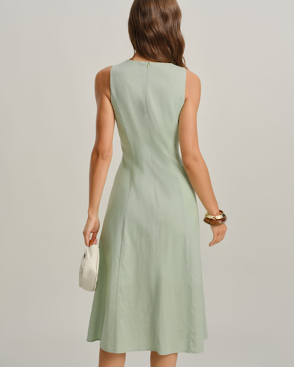 Green Round Neck Sleeveless Midi Dress | Rihoas