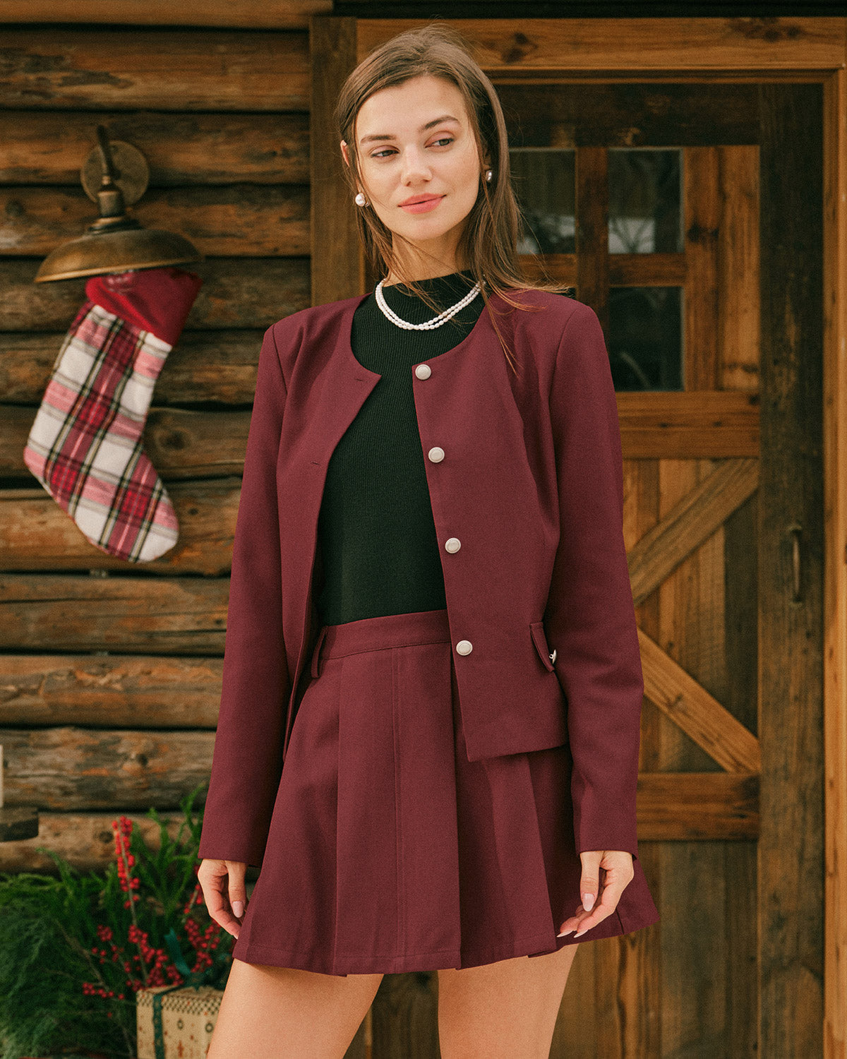 Wine Red Single Breasted Jacket | Rihoas