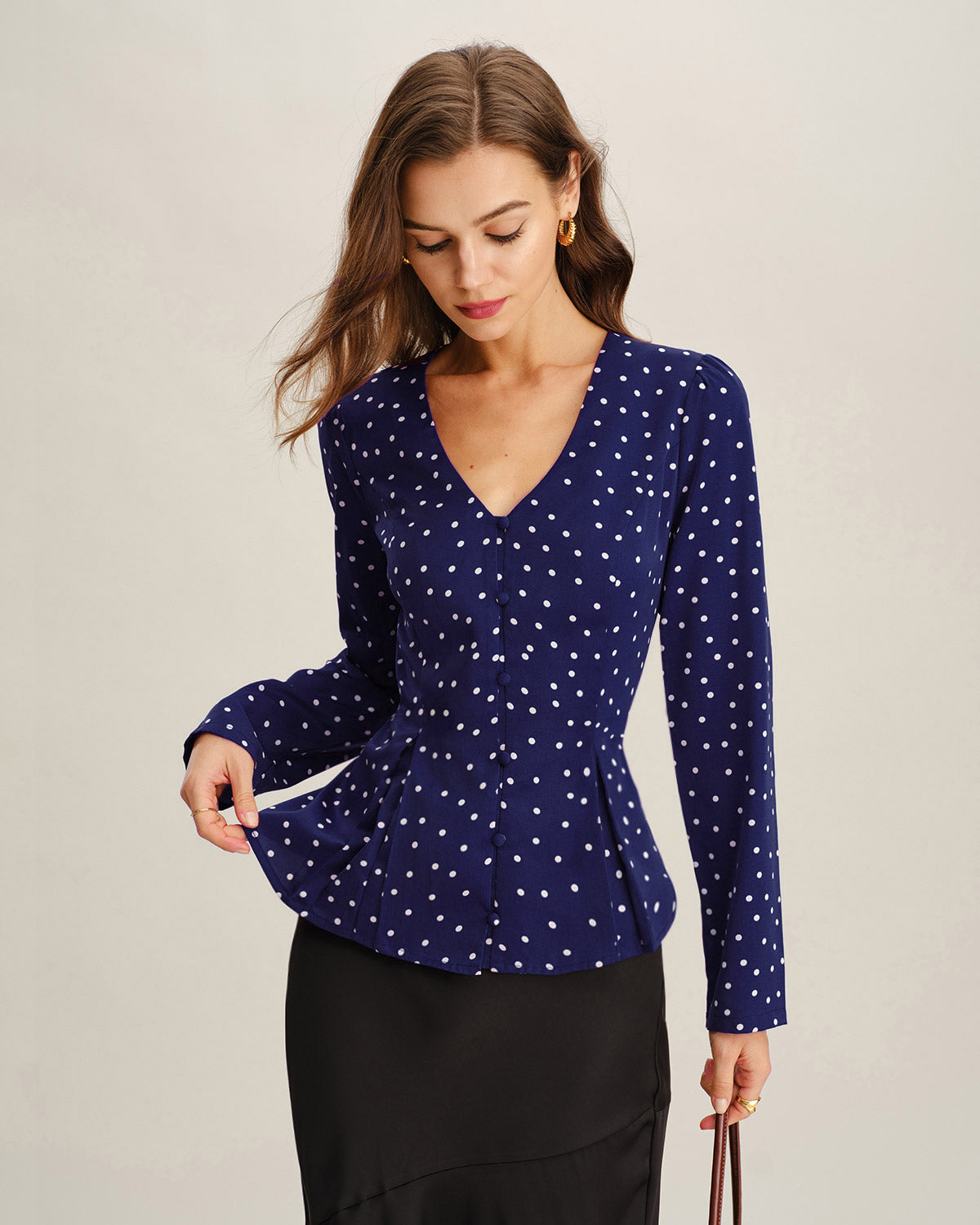 Navy Polka Dot V Neck Shirt | Rihoas
