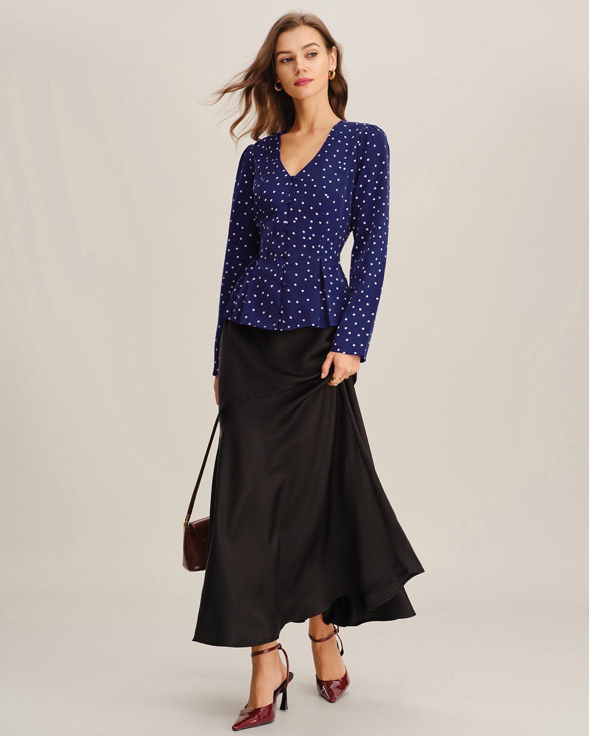 Navy Polka Dot V Neck Shirt | Rihoas