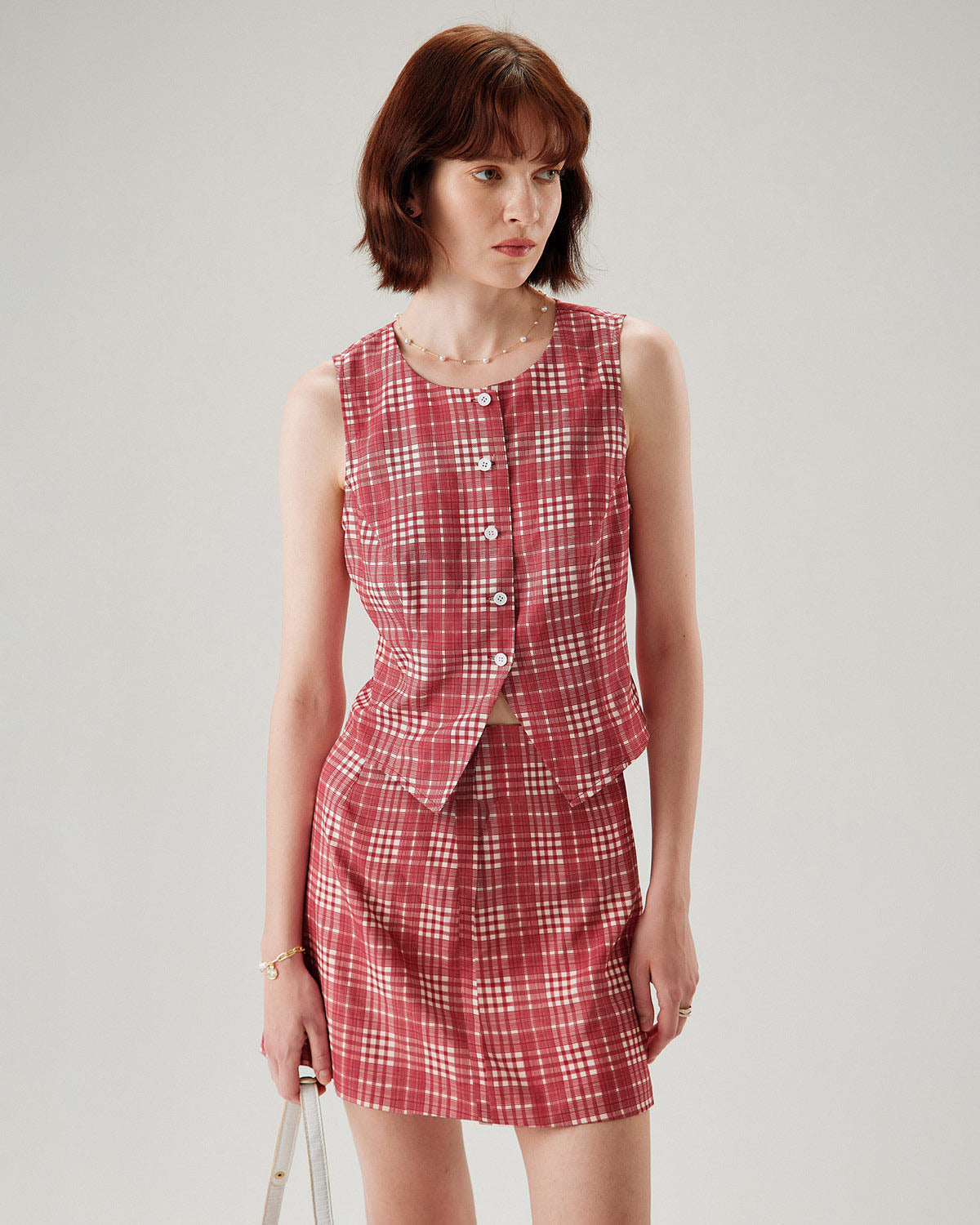 Red Plaid Single Breasted Vest | Rihoas