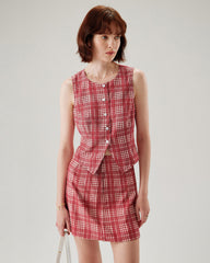 Red Plaid Single Breasted Vest | Rihoas