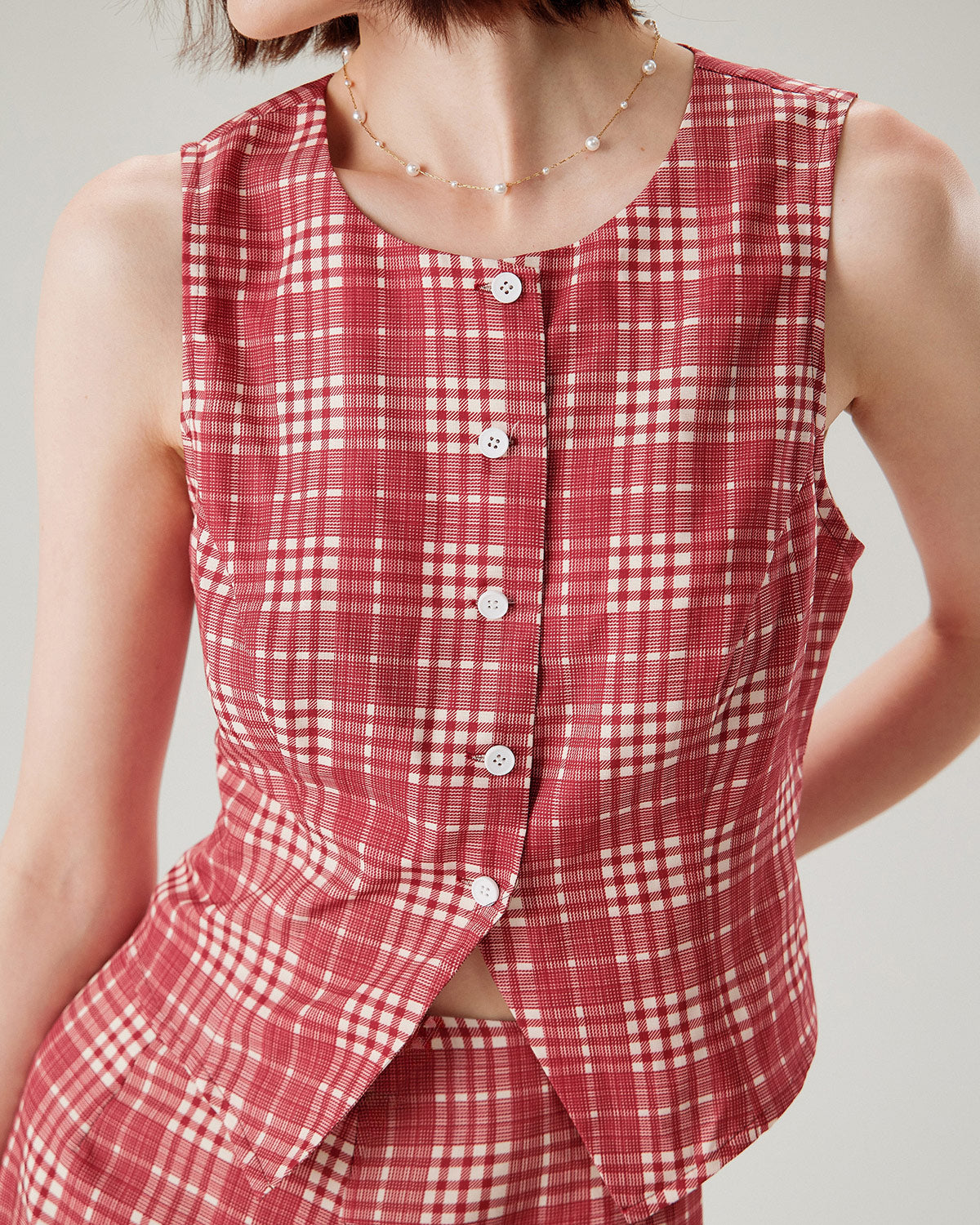 Red Plaid Single Breasted Vest | Rihoas