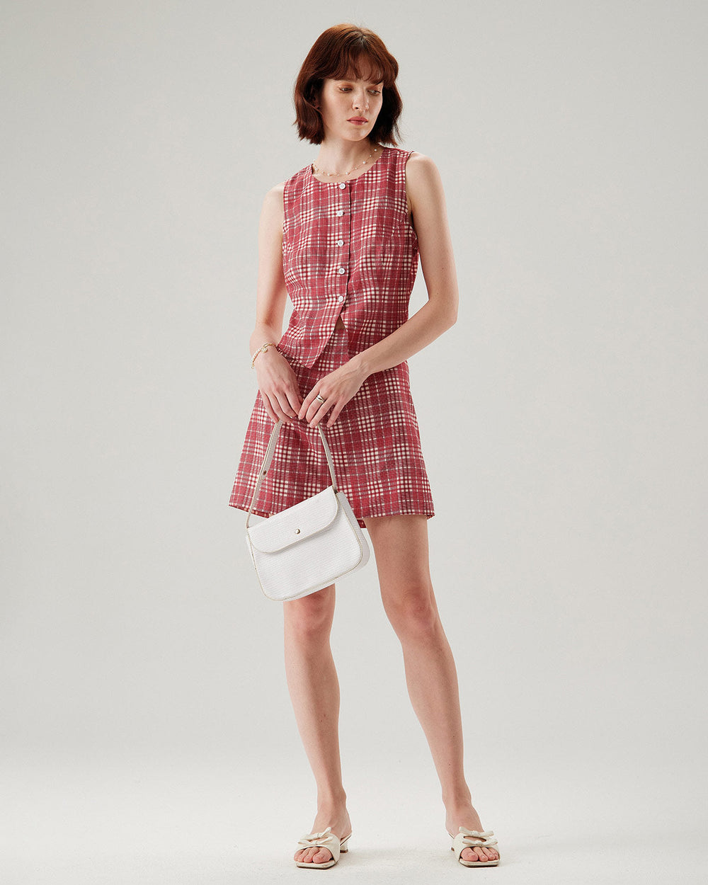 Red Plaid Single Breasted Vest | Rihoas