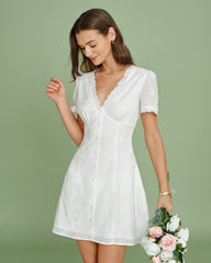 White V Neck Embroidery Lace Mini Dress | Rihoas