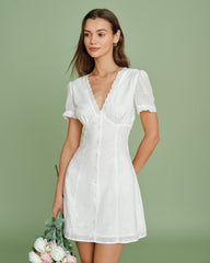 White V Neck Embroidery Lace Mini Dress | Rihoas