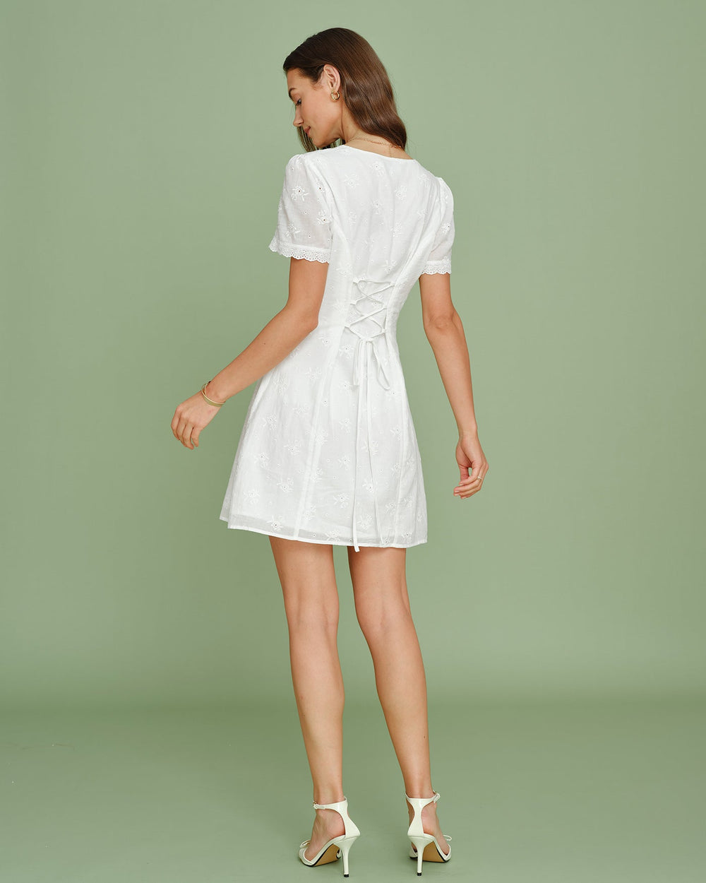 White V Neck Embroidery Lace Mini Dress | Rihoas