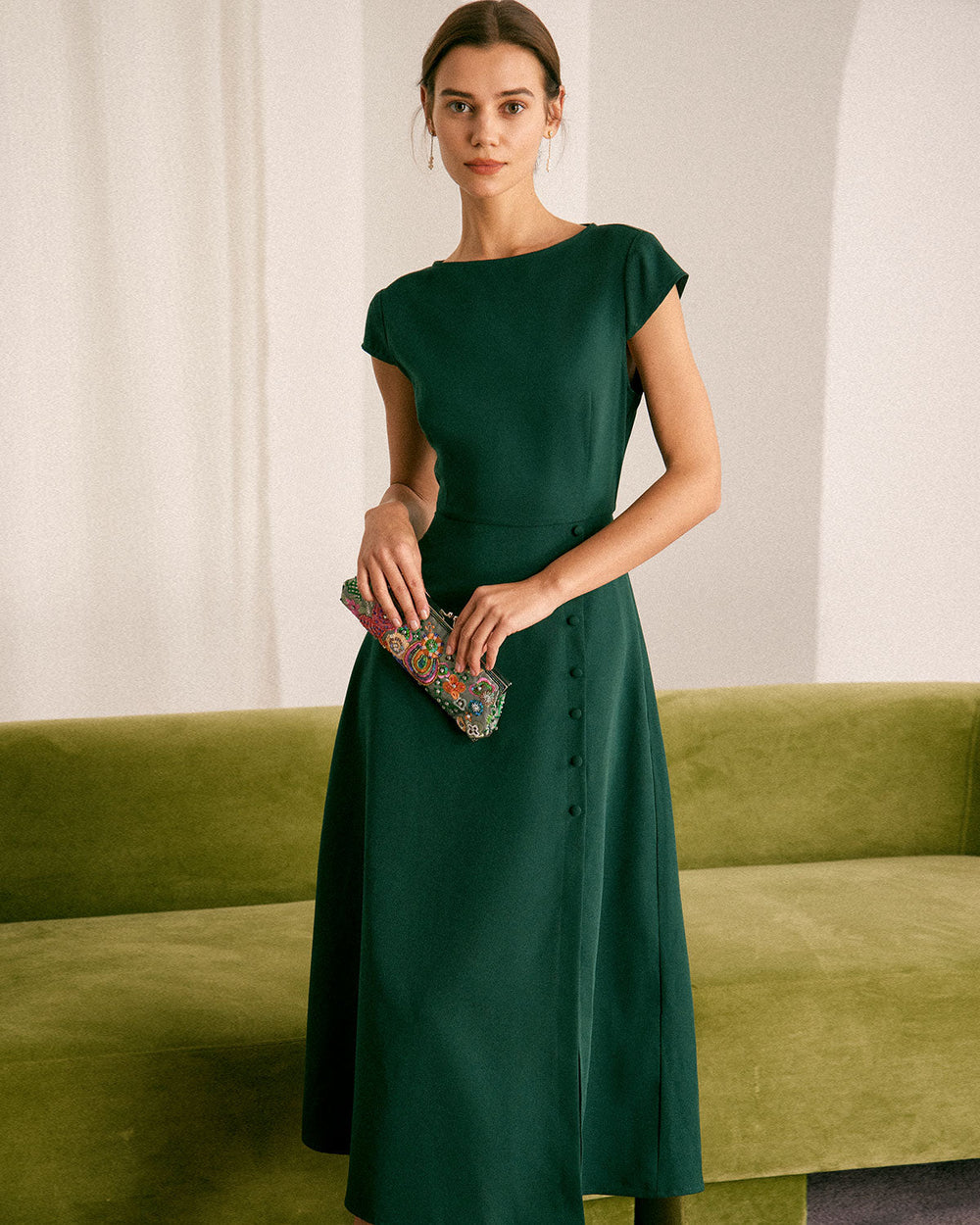 The Green Boat Neck Cutout Back Midi Dress | Rihoas
