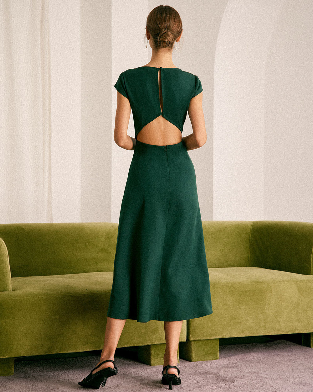 The Green Boat Neck Cutout Back Midi Dress | Rihoas