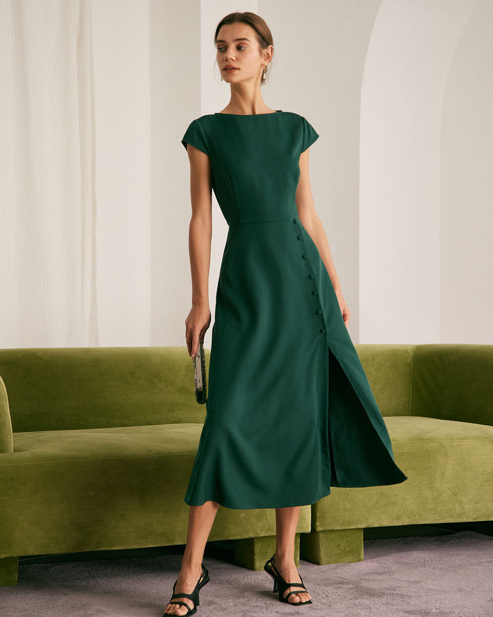 The Green Boat Neck Cutout Back Midi Dress | Rihoas