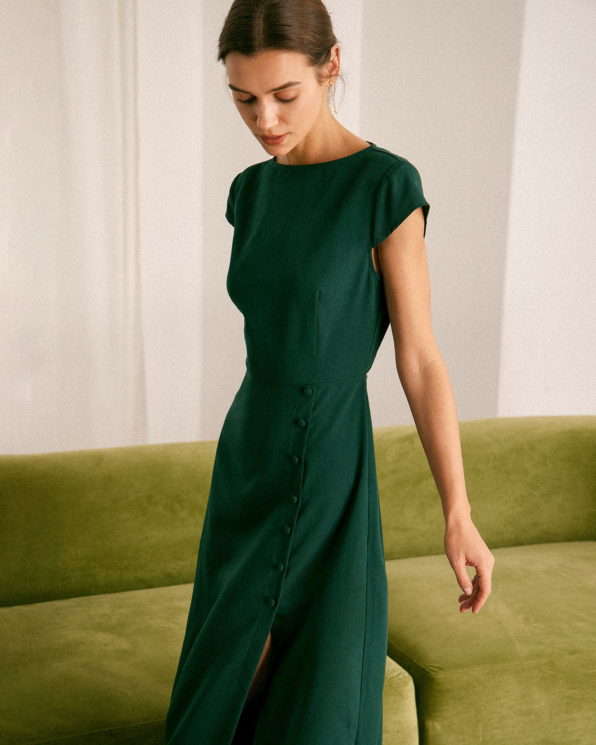 The Green Boat Neck Cutout Back Midi Dress | Rihoas