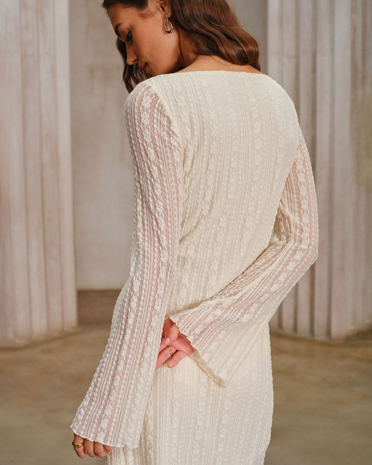 Apricot Lace Bell Sleeve Mini Dress | Rihoas
