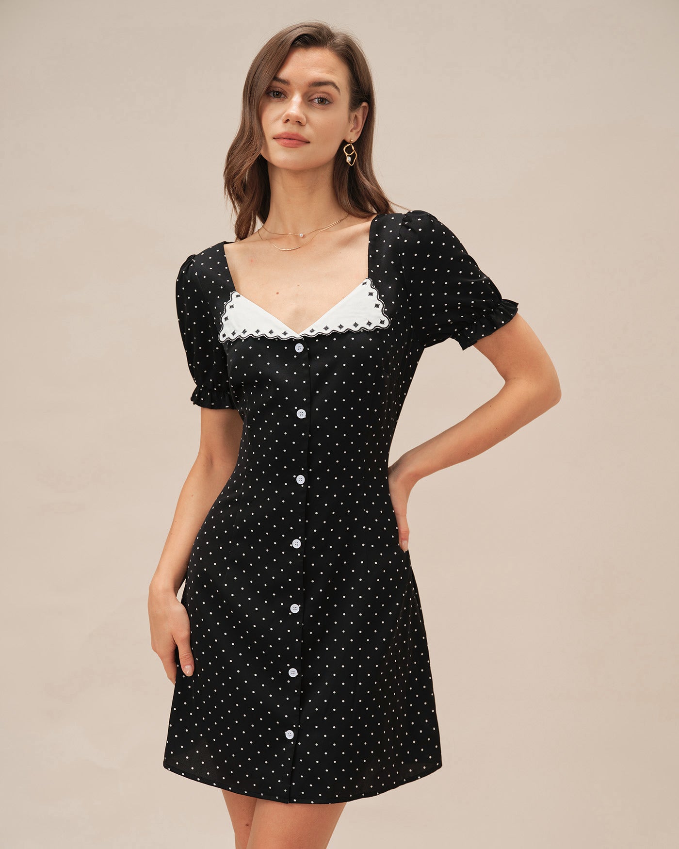 Black V Neck Polka Dot Mini Dress | Rihoas