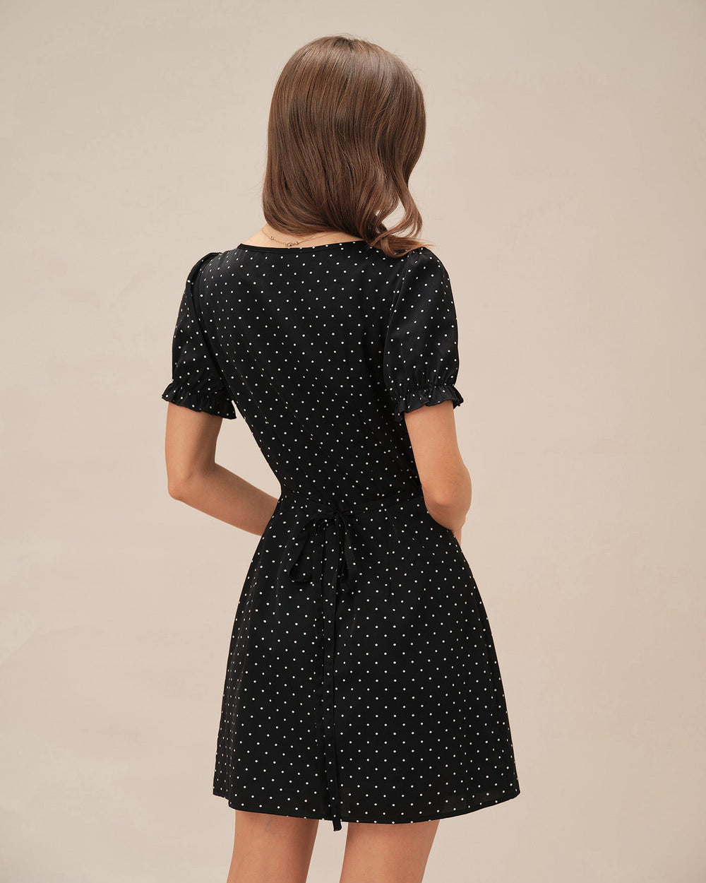 Black V Neck Polka Dot Mini Dress | Rihoas