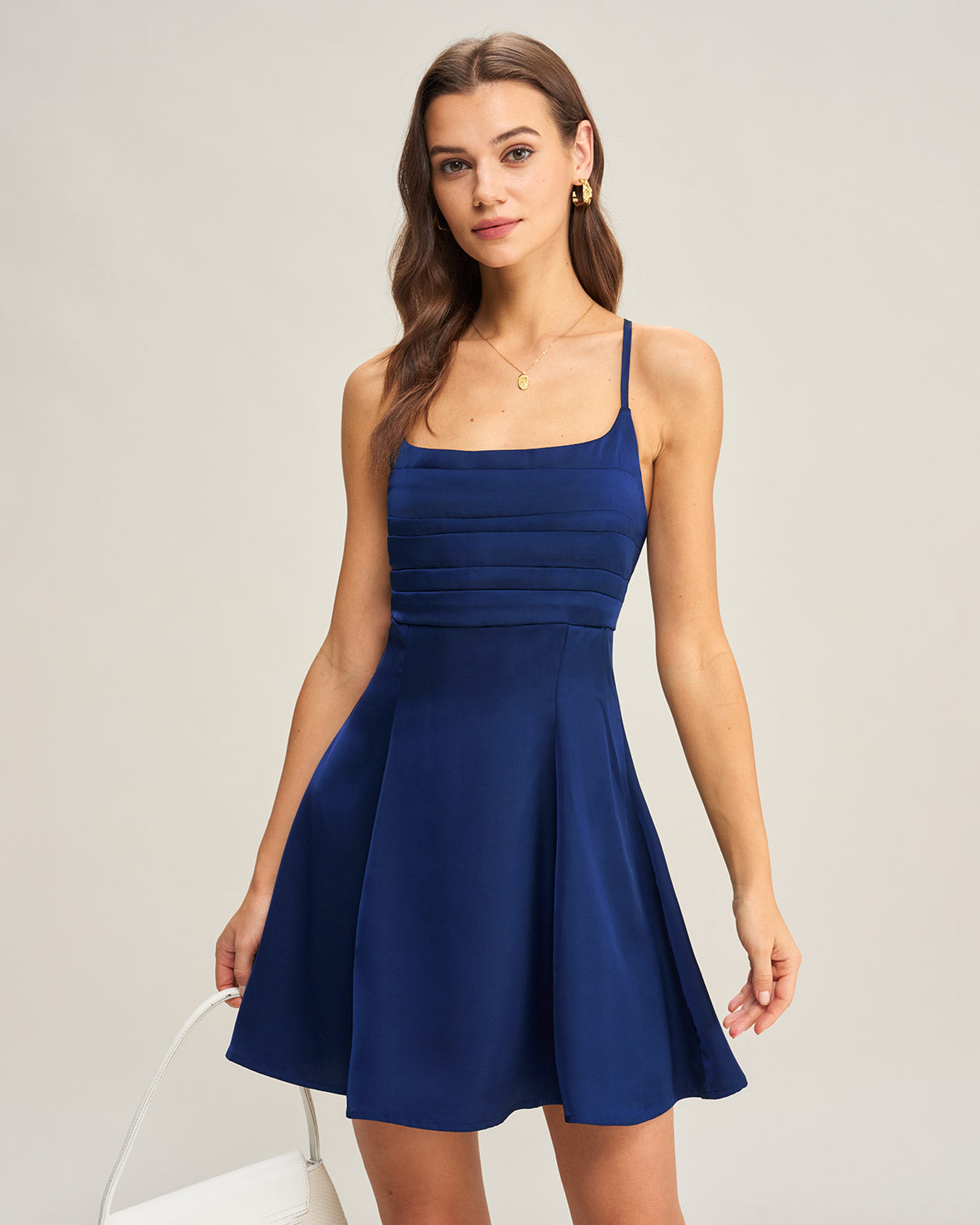 Navy Satin Pleated Slip Mini Dress | Rihoas