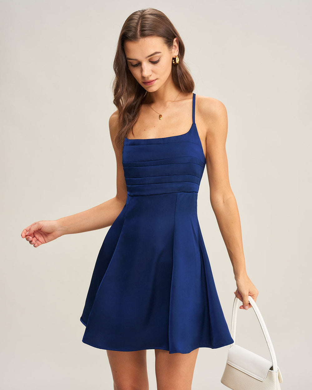 Navy Satin Pleated Slip Mini Dress | Rihoas