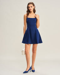 Navy Satin Pleated Slip Mini Dress | Rihoas