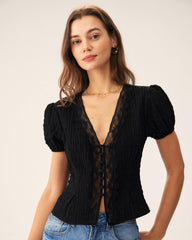 Black Jacquard Lace Button Blouse | Rihoas