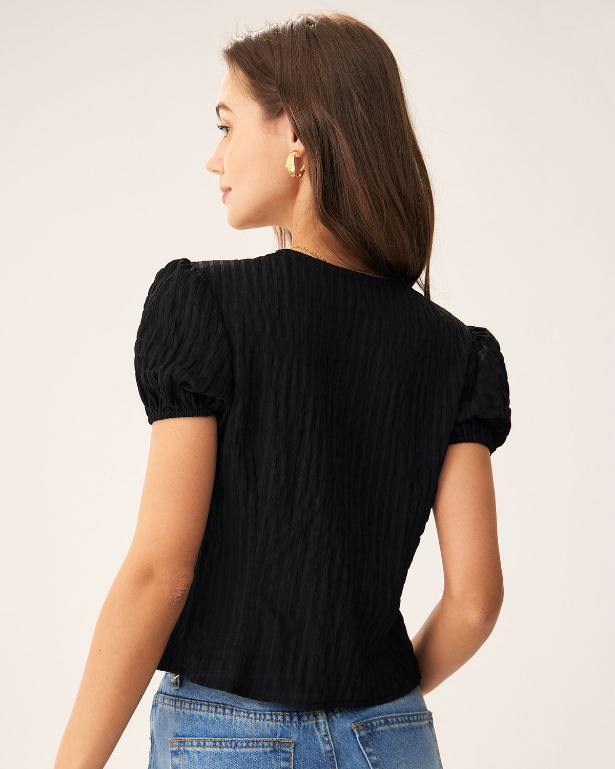 Black Jacquard Lace Button Blouse | Rihoas