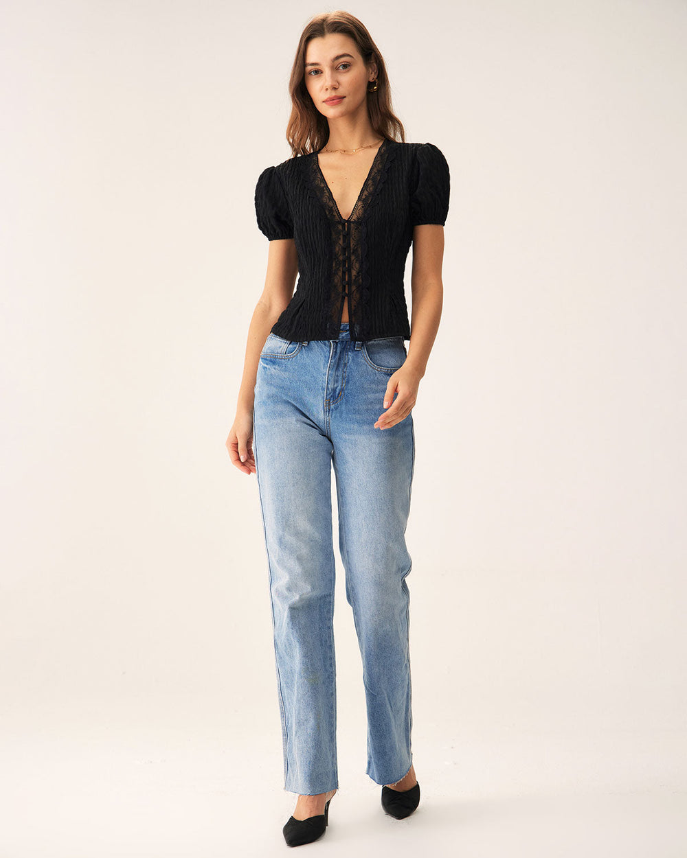 Black Jacquard Lace Button Blouse | Rihoas