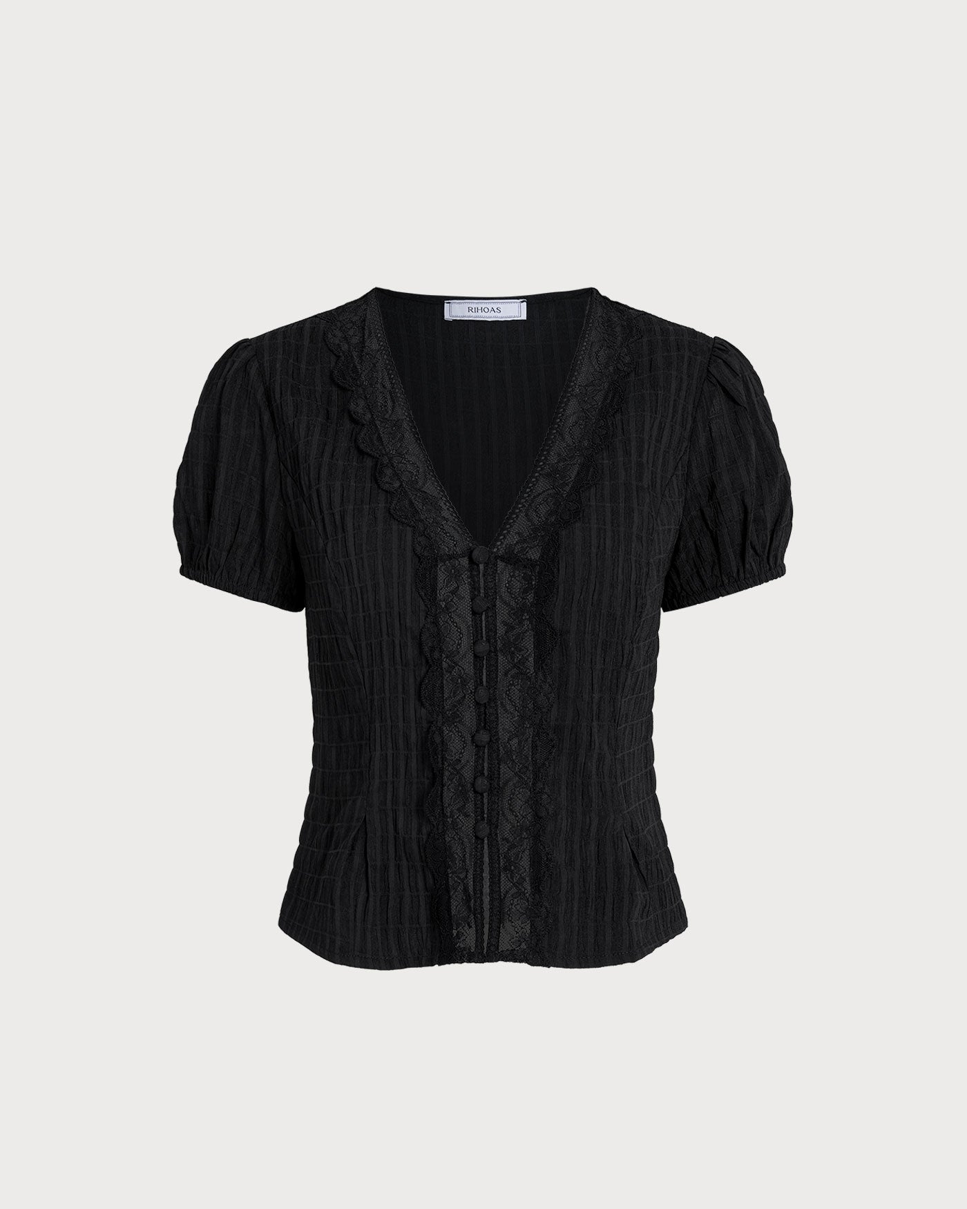 Black Jacquard Lace Button Blouse | Rihoas