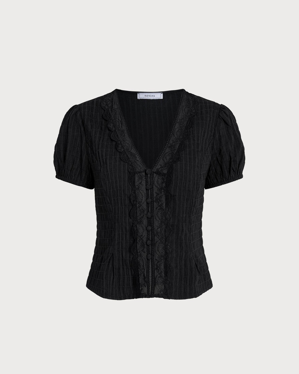 Black Jacquard Lace Button Blouse | Rihoas