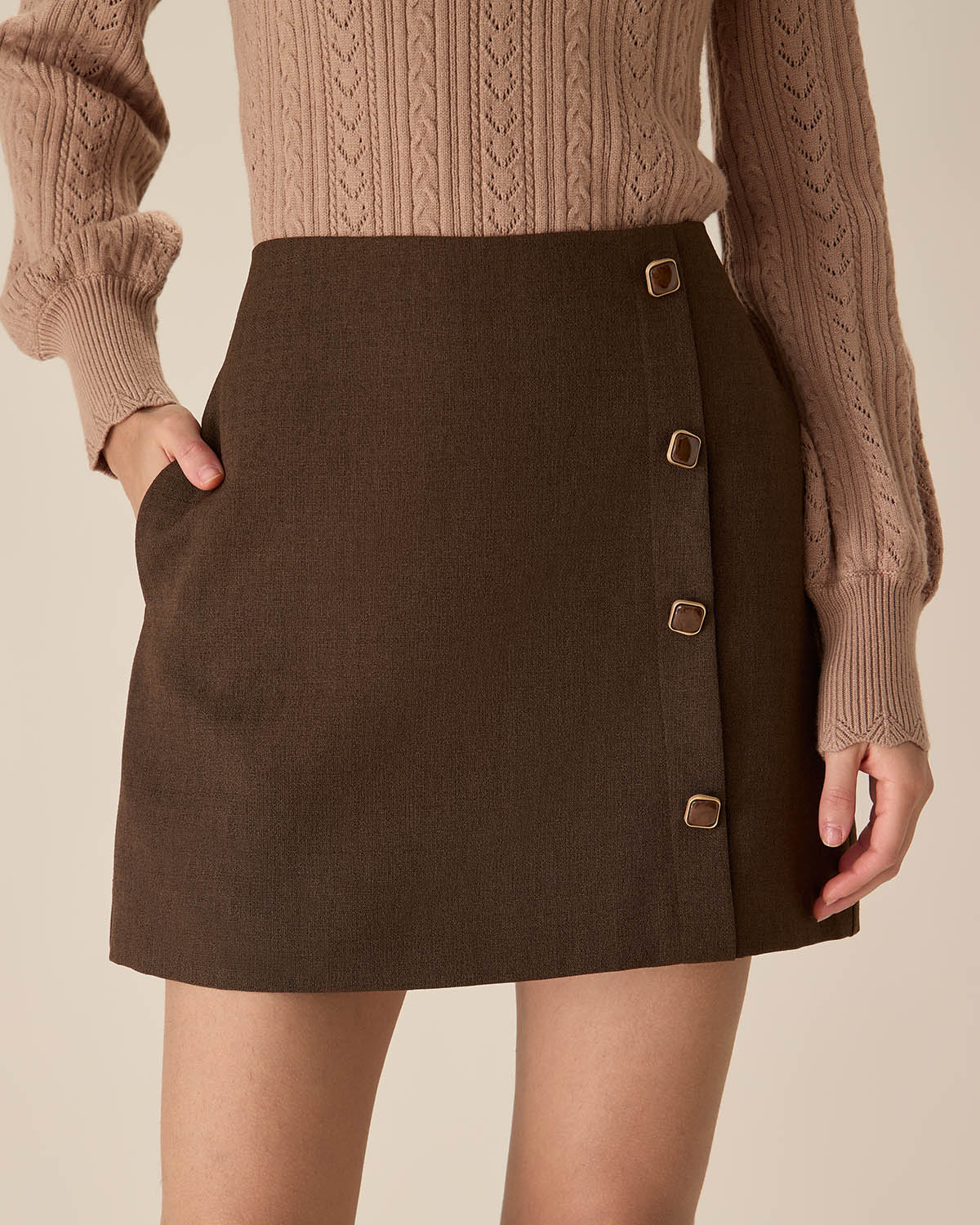 Coffee High-waisted Button Mini Skirt | Rihoas