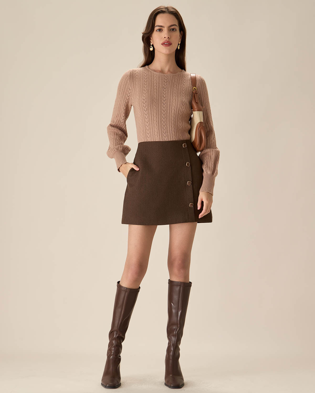 Coffee High-waisted Button Mini Skirt | Rihoas