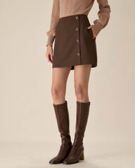 Coffee High-waisted Button Mini Skirt | Rihoas
