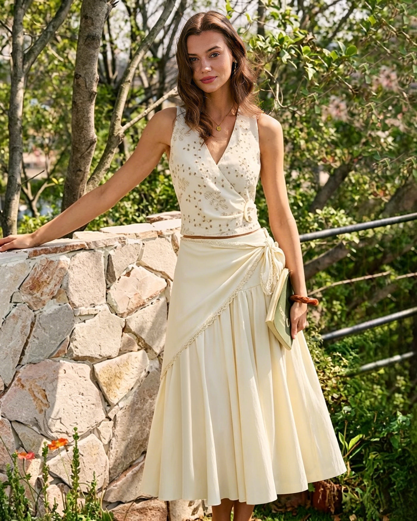 Apricot Splicing Tie Midi Skirt | Rihoas