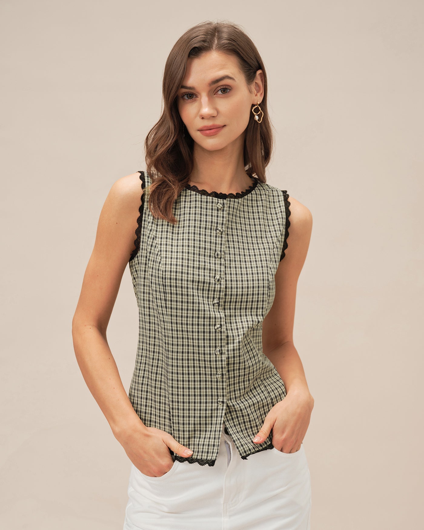 Apricot Boat Neck Plaid Tank Top | Rihoas