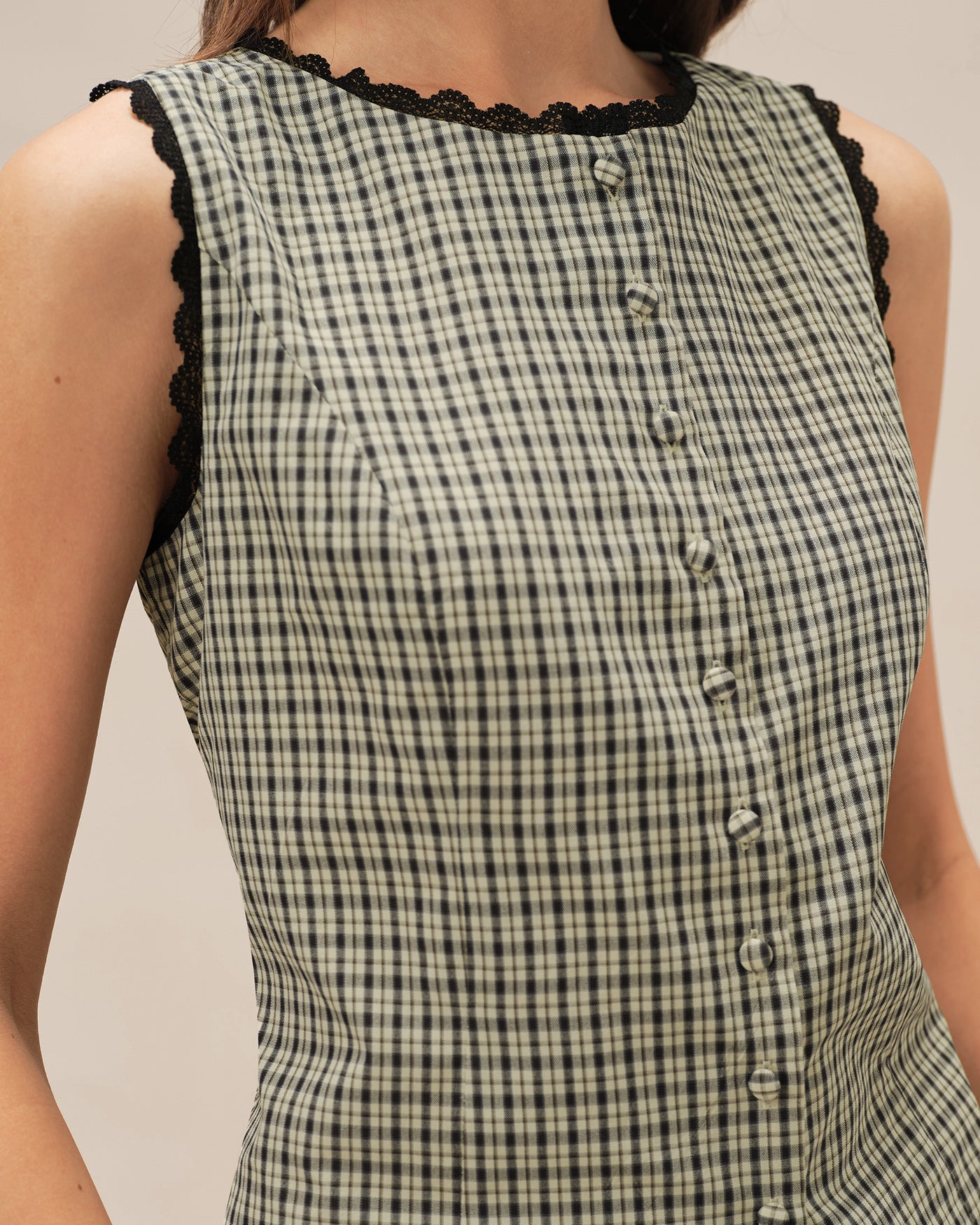 Apricot Boat Neck Plaid Tank Top | Rihoas