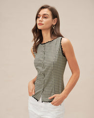 Apricot Boat Neck Plaid Tank Top | Rihoas
