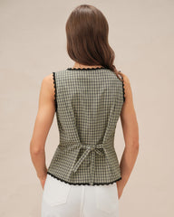 Apricot Boat Neck Plaid Tank Top | Rihoas