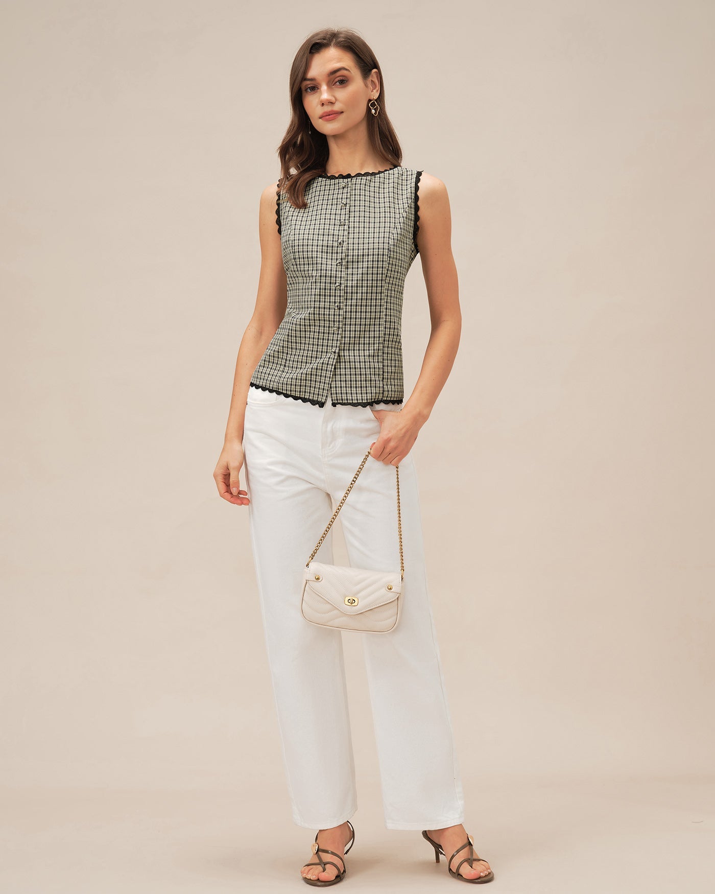 Apricot Boat Neck Plaid Tank Top | Rihoas