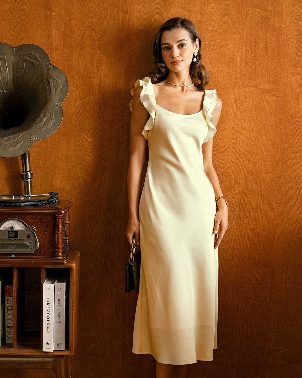 Yellow Square Neck Ruffle Satin Midi Dress | Rihoas
