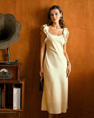 Yellow Square Neck Ruffle Satin Midi Dress | Rihoas