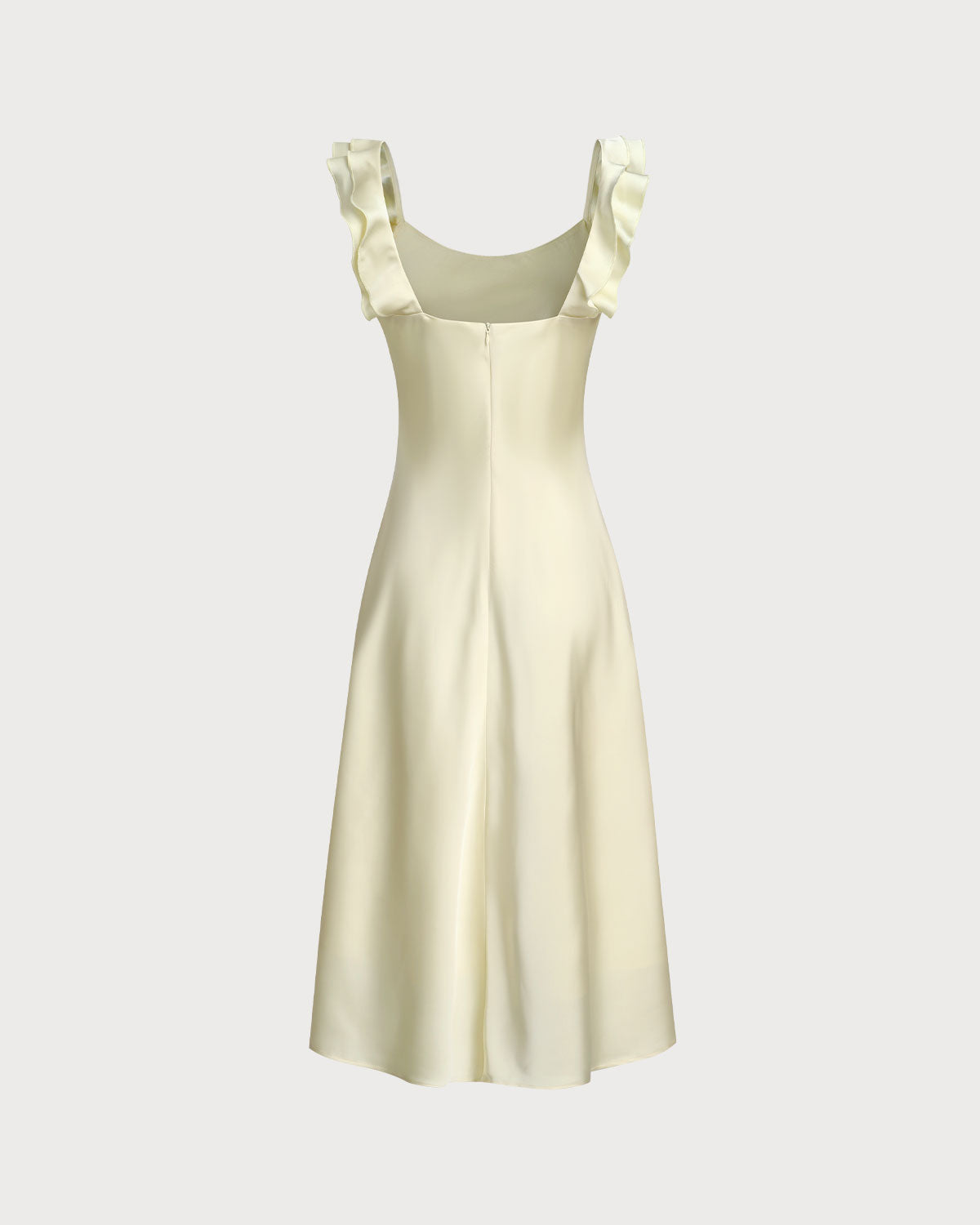 Yellow Square Neck Ruffle Satin Midi Dress | Rihoas