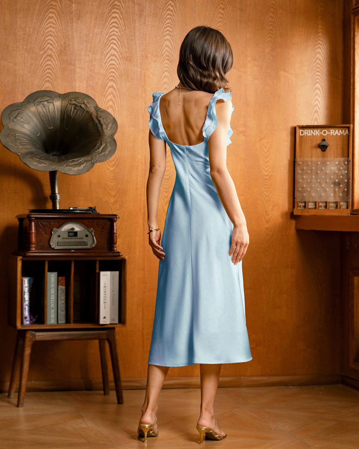 Blue Square Neck Ruffle Satin Midi Dress | Rihoas