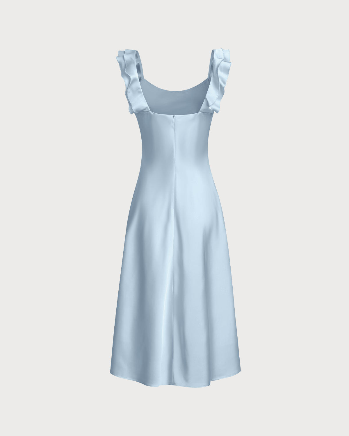 Blue Square Neck Ruffle Satin Midi Dress | Rihoas
