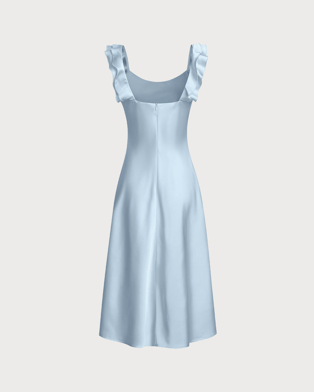 Blue Square Neck Ruffle Satin Midi Dress | Rihoas