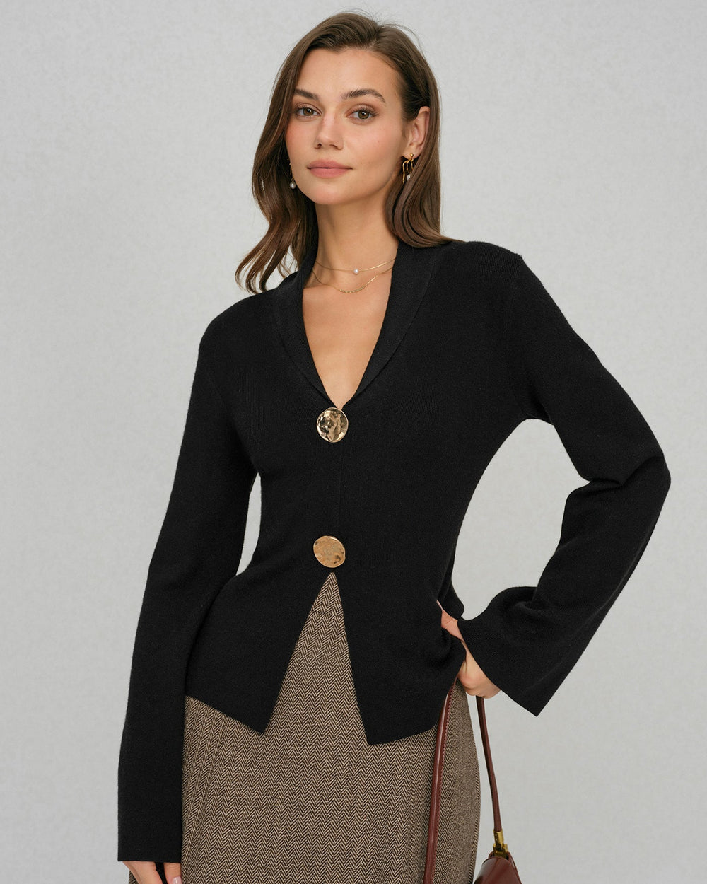 Black Bell Sleeve Button Collar Sweater | Rihoas