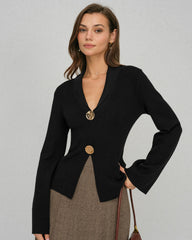 Black Bell Sleeve Button Collar Sweater | Rihoas