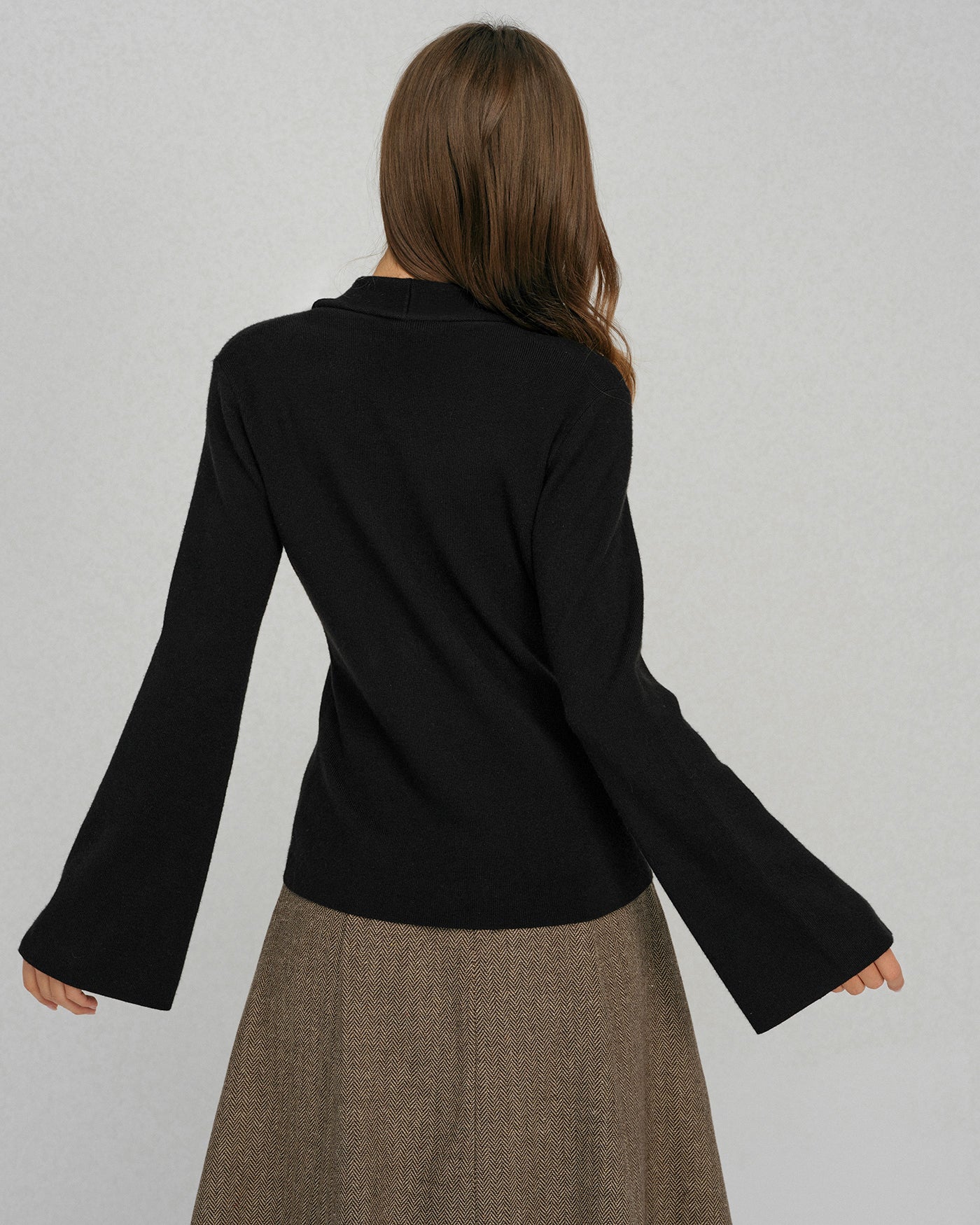 Black Bell Sleeve Button Collar Sweater | Rihoas