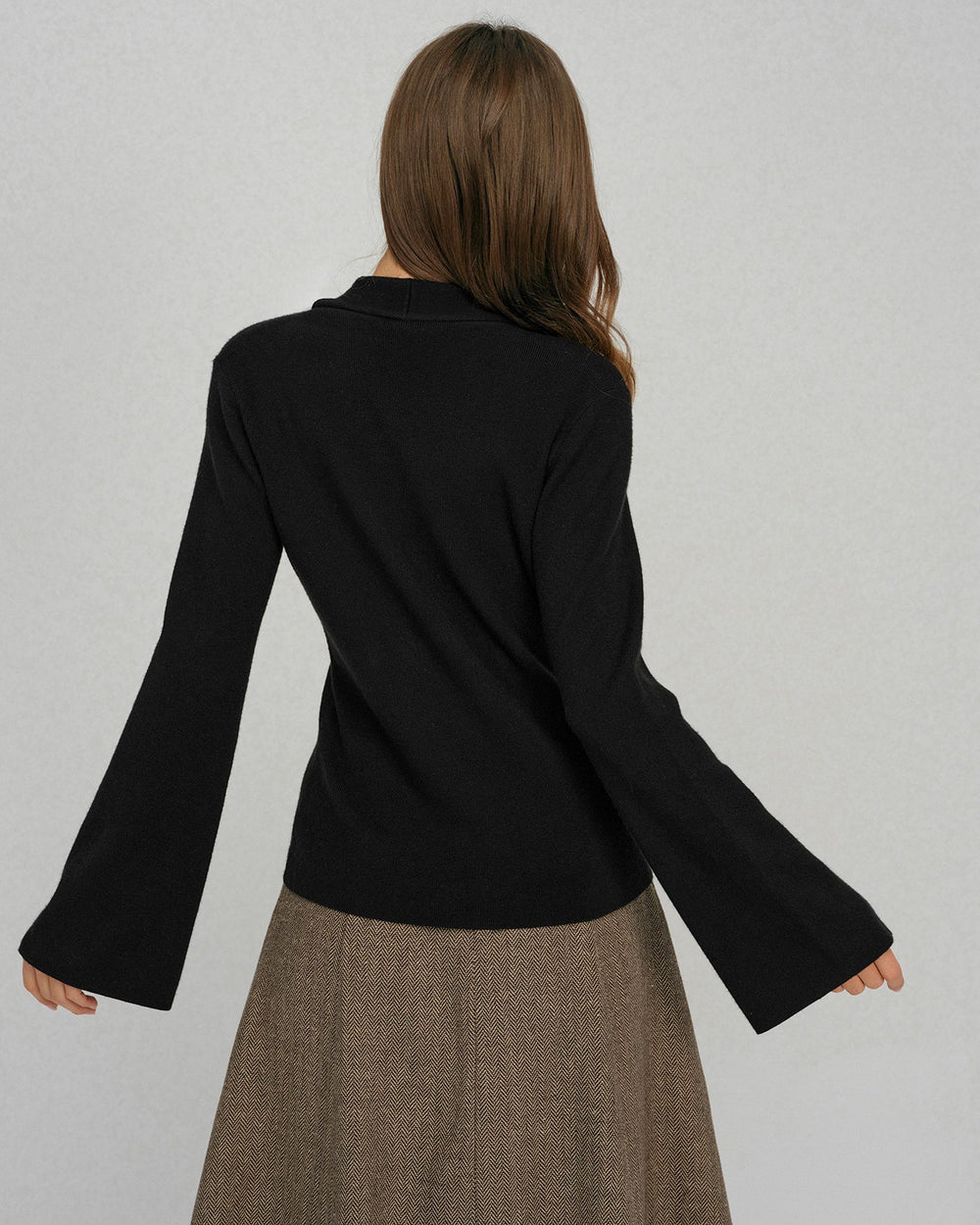 Black Bell Sleeve Button Collar Sweater | Rihoas
