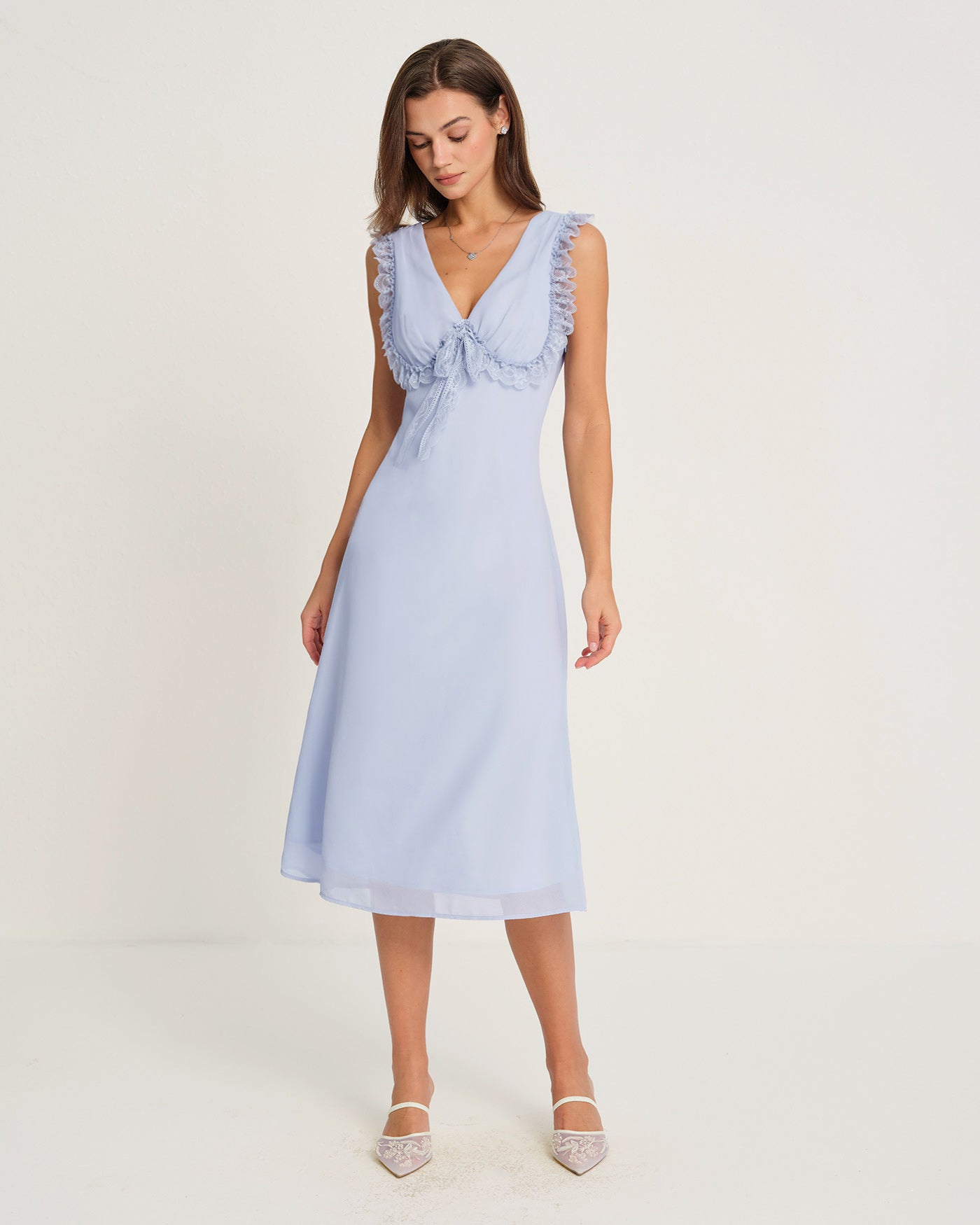 Blue V Neck Midi Dress | Rihoas