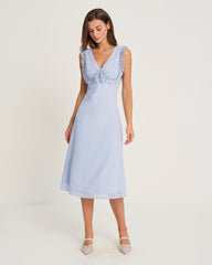 Blue V Neck Midi Dress | Rihoas