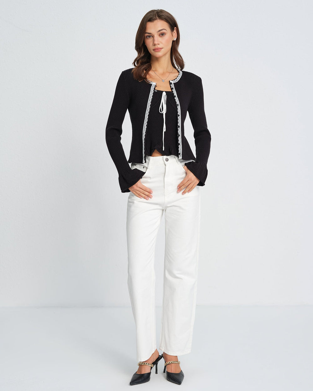 Black Contrasting Bell Sleeve Knit Cardigan | Rihoas