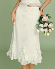 Apricot Embroidery Ruffle Midi Skirt | Rihoas